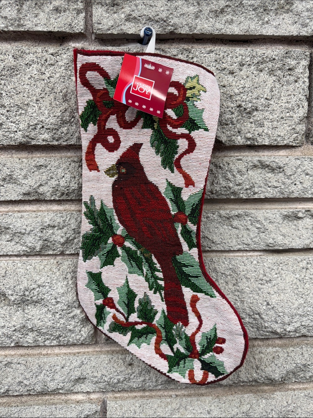 Vintage Holiday Cardinal Tapestry Christmas Stocking - Red & Green